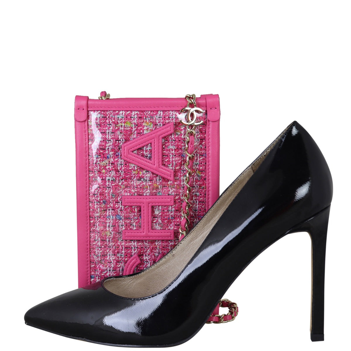 Chanel Logo Tweed Phone Clutch with Chain Shoe