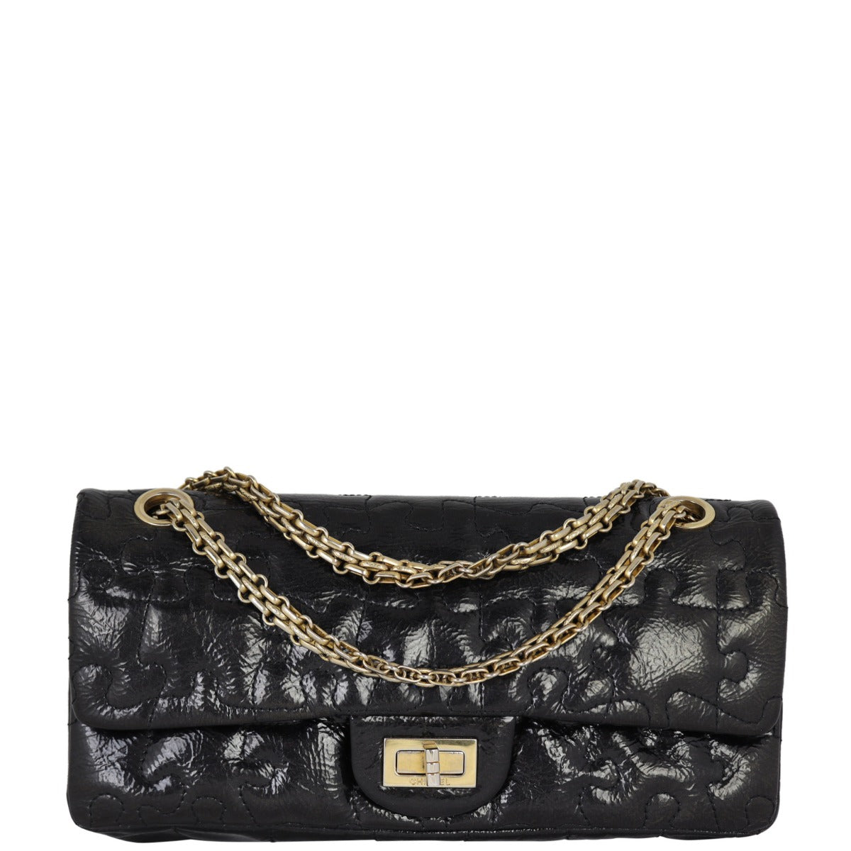 Chanel 2.55 Reissue 225 Puzzle Flap Bag Patent Front With Chain
