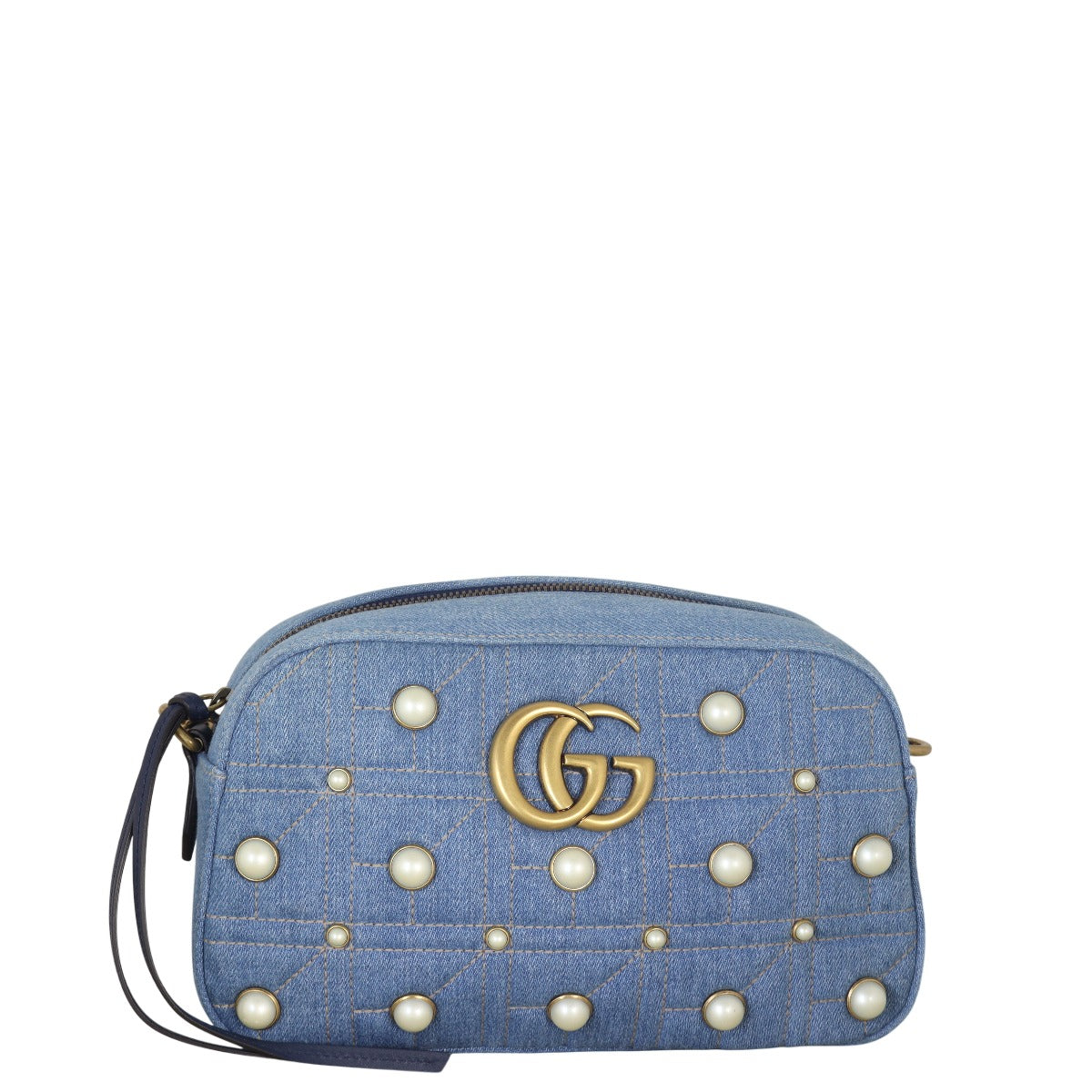 Gucci GG Marmont Small Camera Bag Denim Pearl Studded