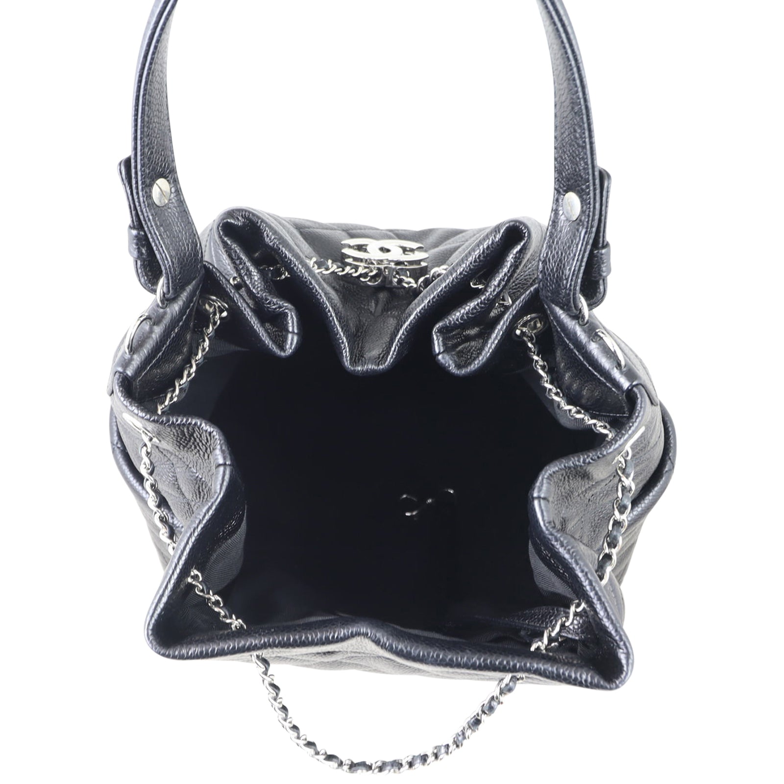 Chanel Quilted CC Drawstring Bucket Bag Whole interior