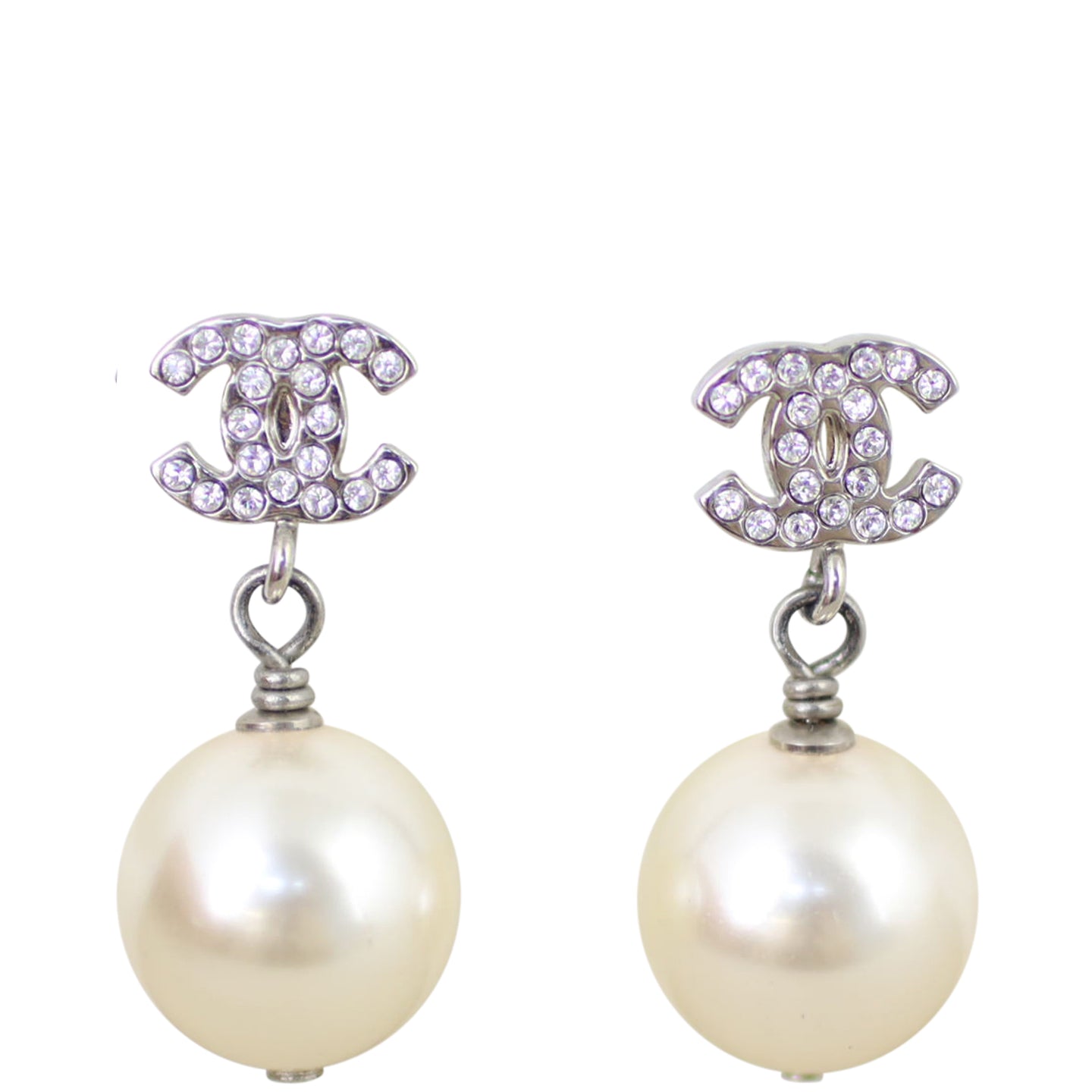 Chanel CC Glass Pearl Drop Earrings Front