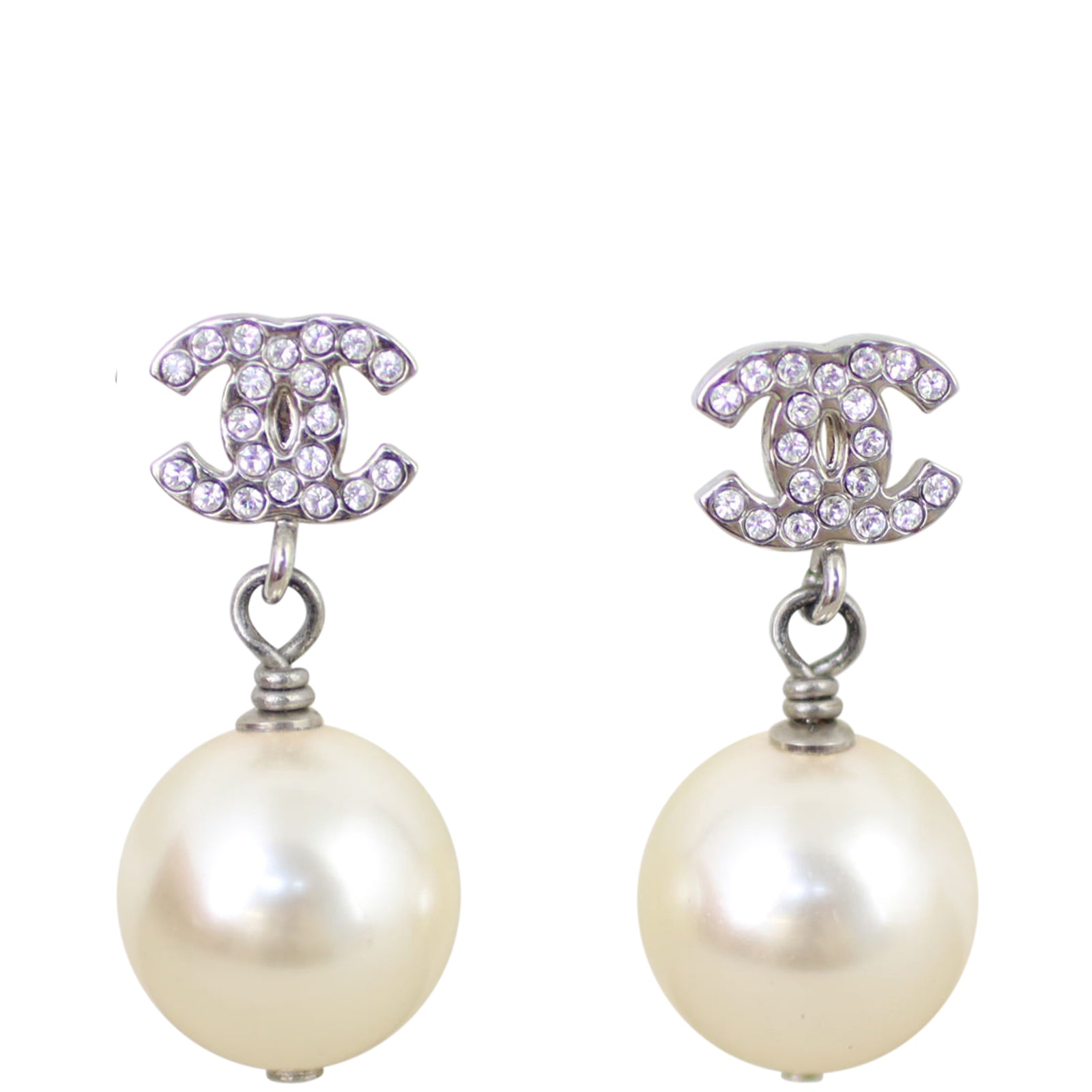 Chanel CC Glass Pearl Drop Earrings Front