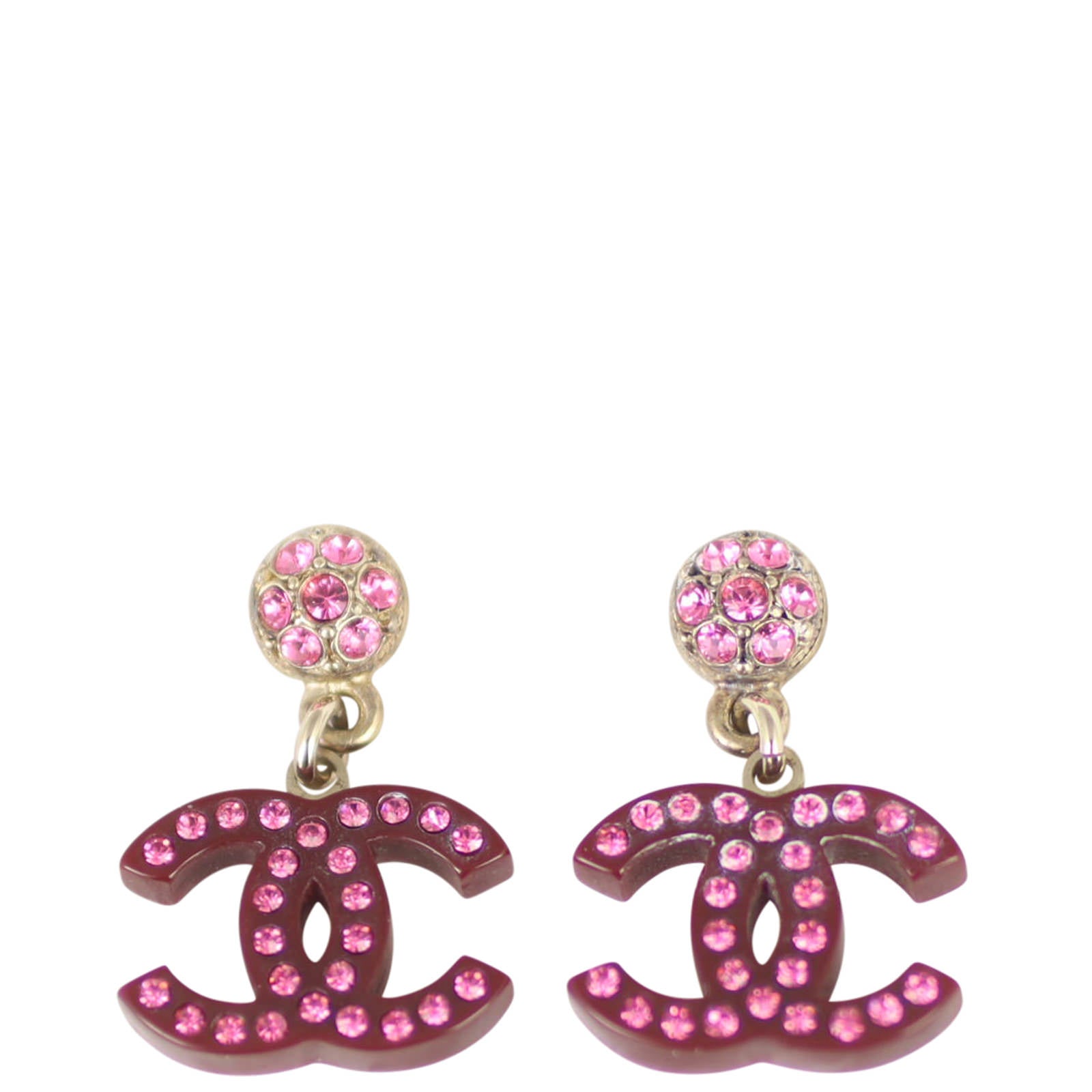 Chanel Crystal Embellished CC Drop Earrings Front