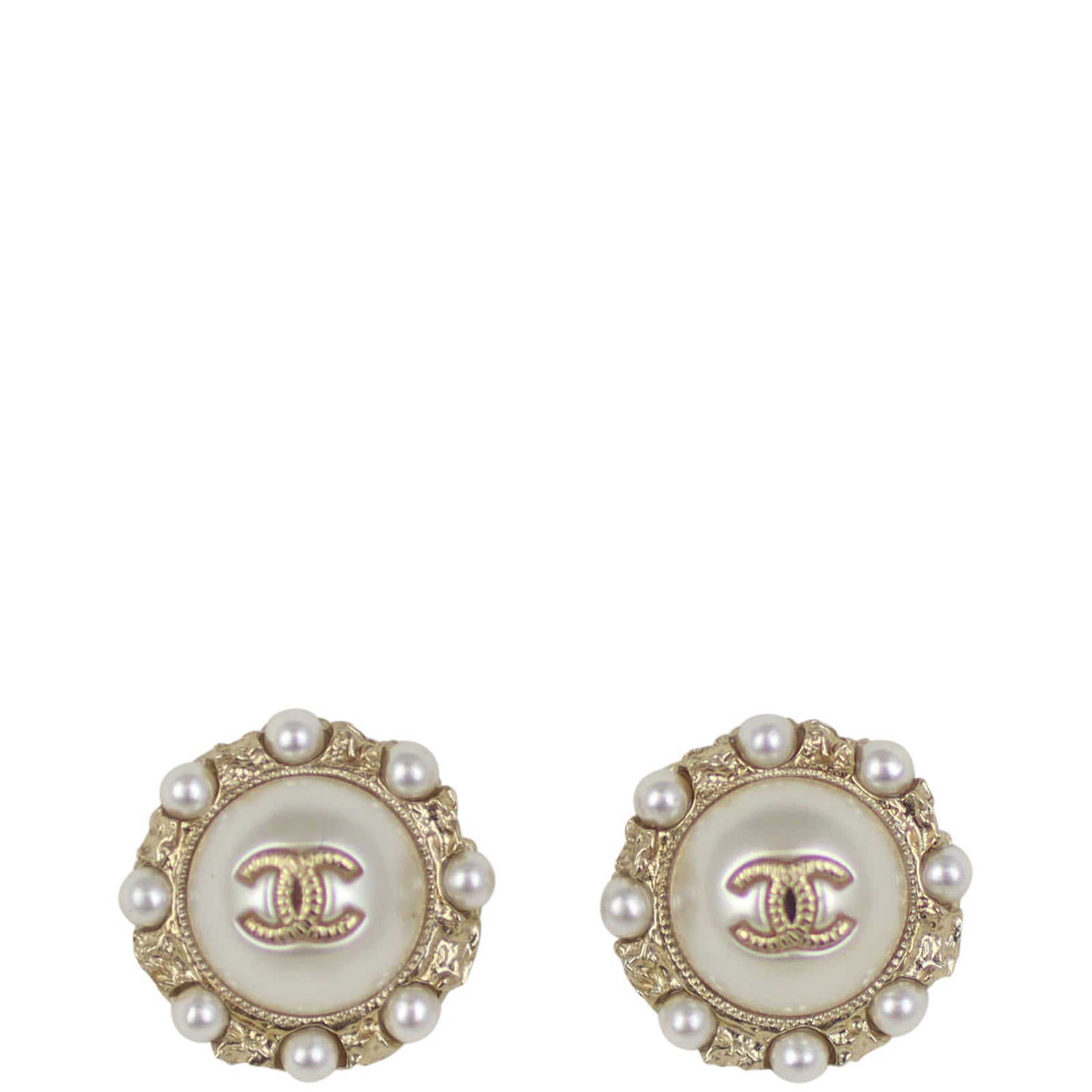 Chanel Pearl Edged Button Earrings Front
