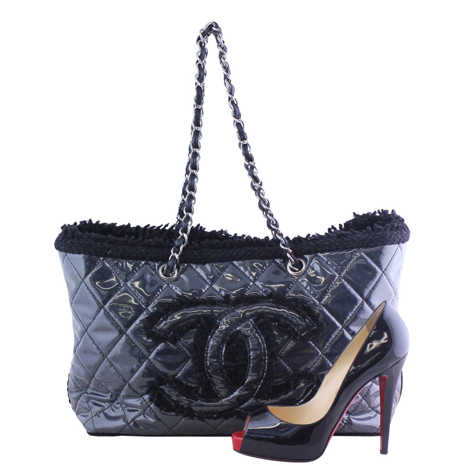 Chanel Quilted Vinyl and Tweed Tote Scale