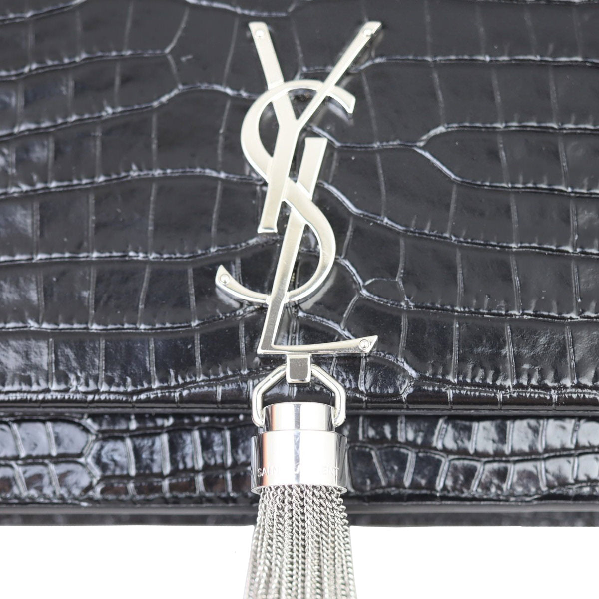 Saint Laurent Kate Tassel Chain Wallet Croc-Embossed Hardware