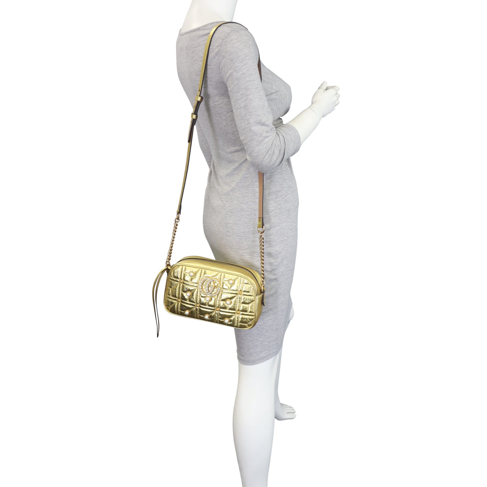 Gucci Marmont Matelasse Pearl Embellished Camera Bag Scale