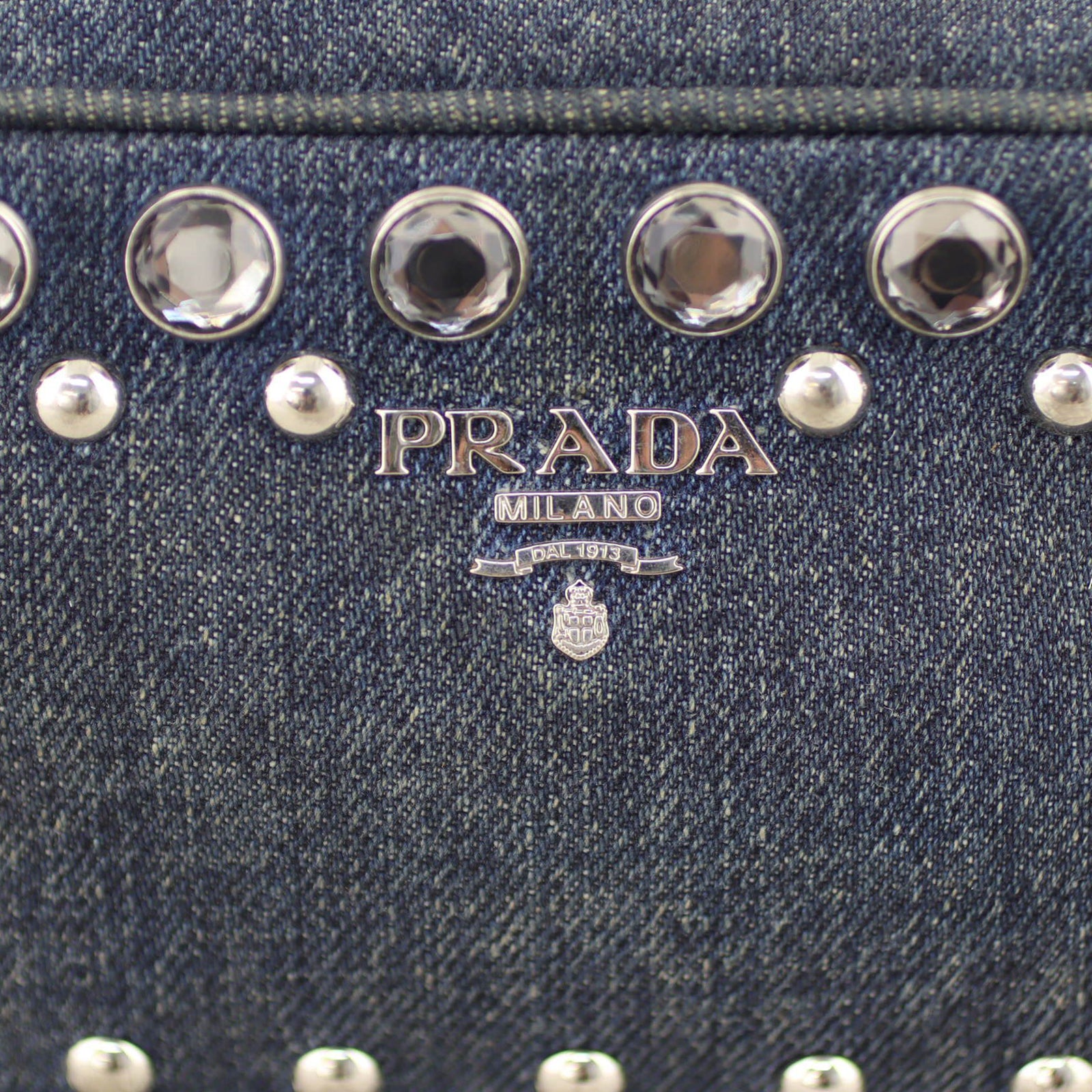 Prada Denim Borchie Embellished Mini Camera Bag Hardware