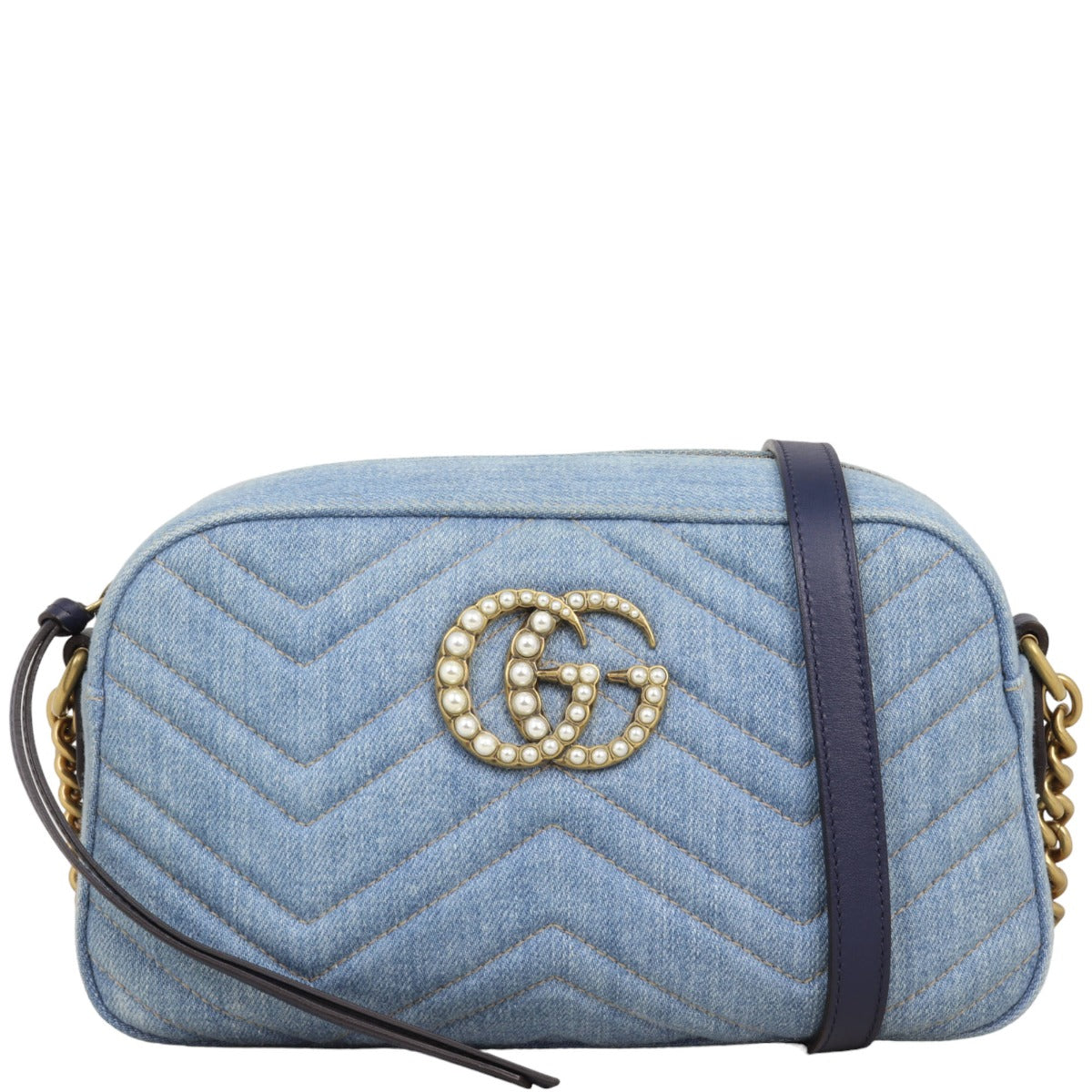 Gucci Pearl GG Marmont Denim Small Shoulder Bag