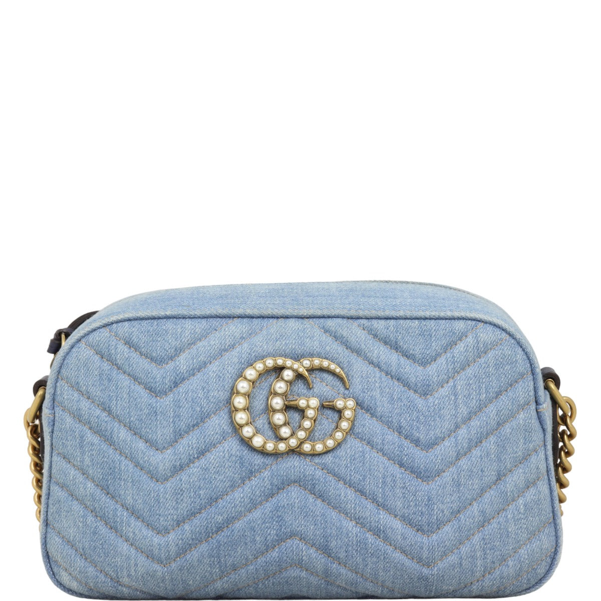 Gucci Pearl GG Marmont Denim Small Shoulder Bag