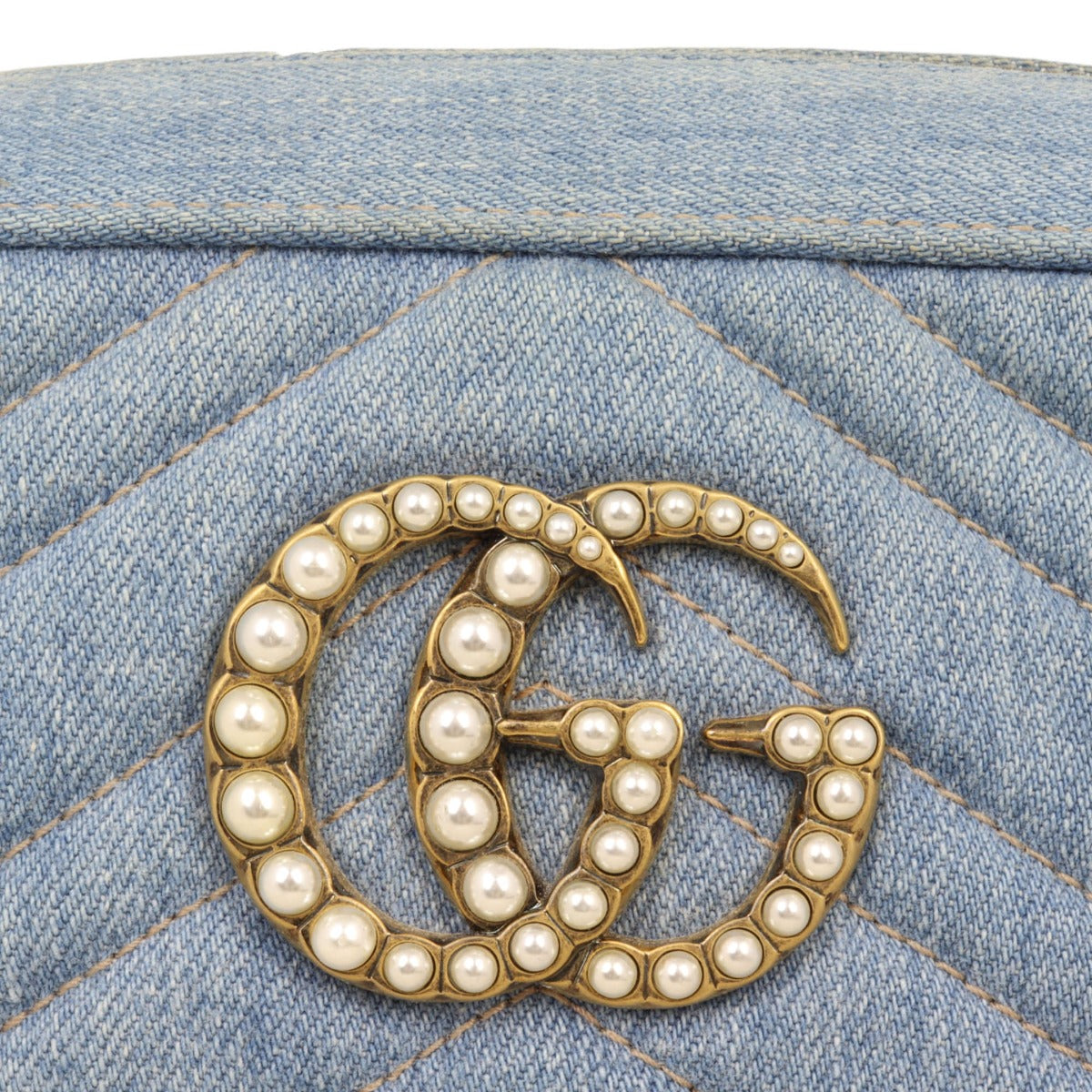 Gucci Pearl GG Marmont Denim Small Shoulder Bag