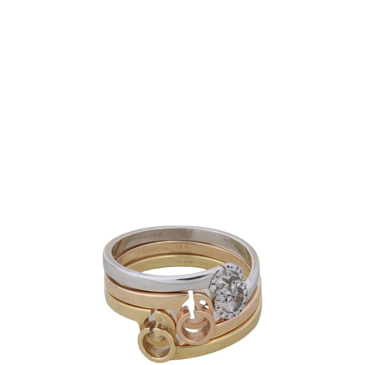 Gucci GG Running Stack Ring Trio 18K Yellow, Rose, White Gold and Diamond