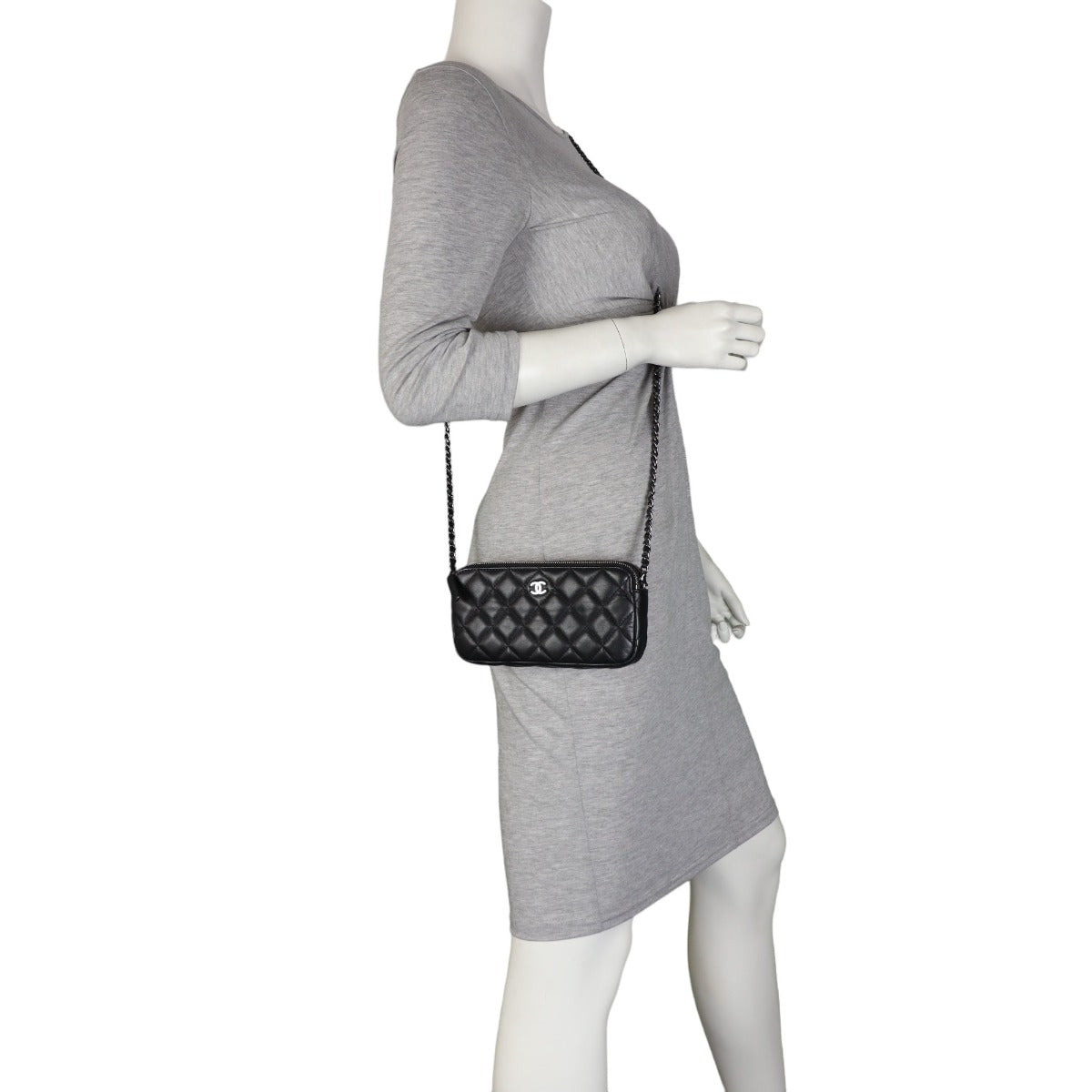 Chanel CC Double Zip Clutch with Chain | Black Lambskin