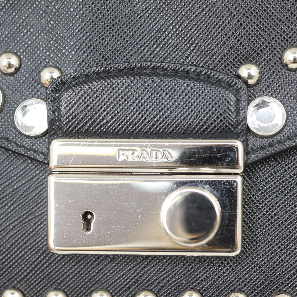 Prada Saffiano Lux Sound Crystal Studded Crossbody Hardware