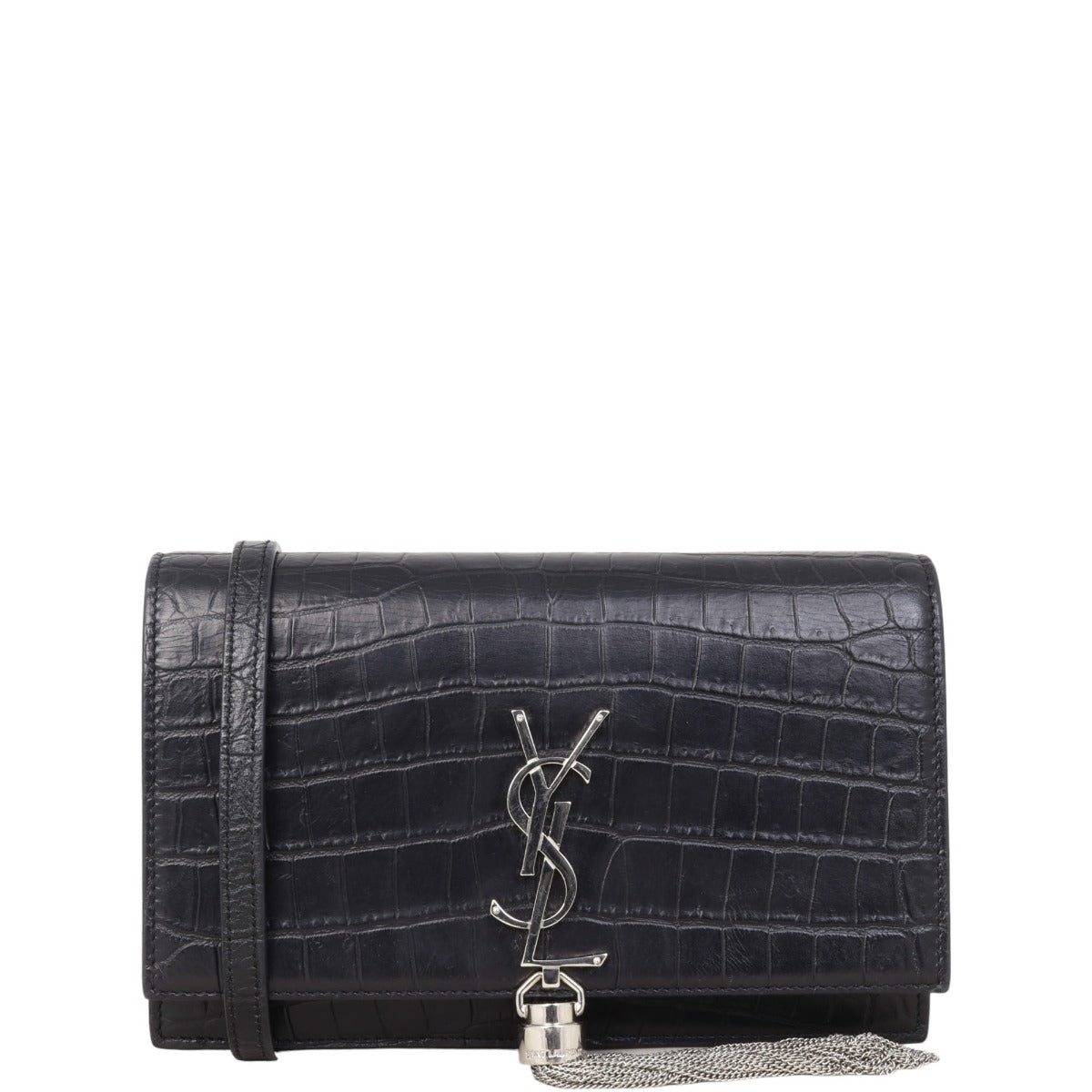 Saint Laurent Kate Tassel Chain Wallet Croc-Embossed