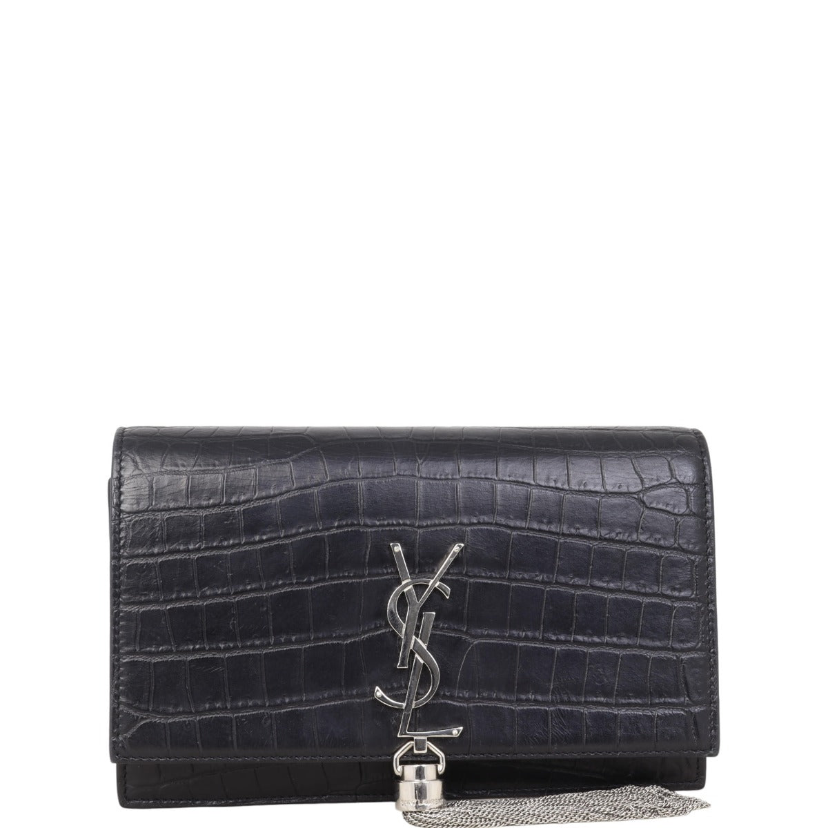 Saint Laurent Kate Tassel Chain Wallet Croc-Embossed