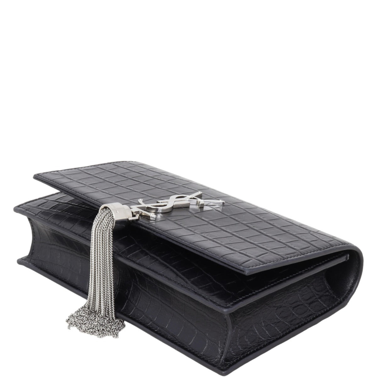 Saint Laurent Kate Tassel Chain Wallet Croc-Embossed