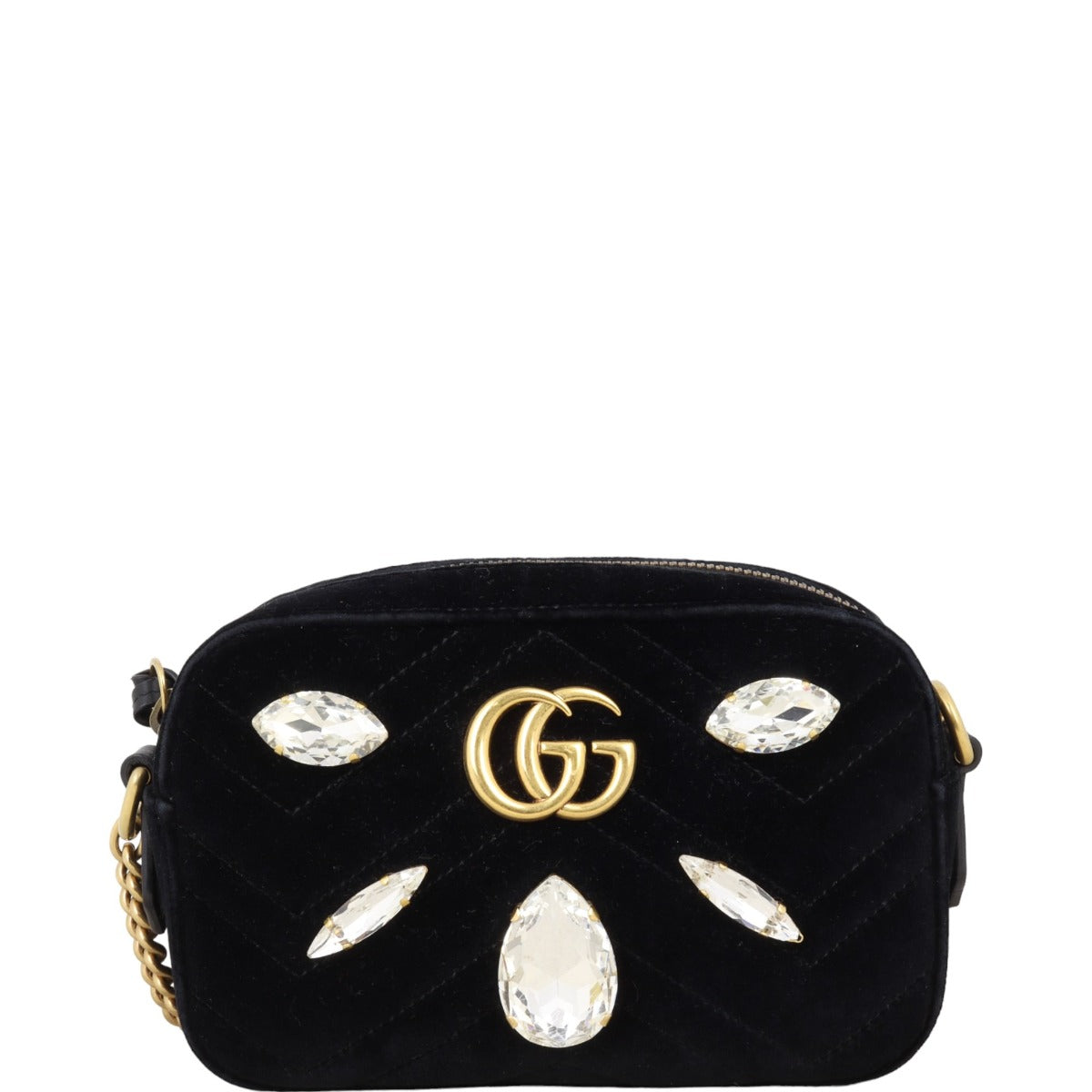 Gucci GG Marmont Velvet Mini Camera Bag Marquise Crystal