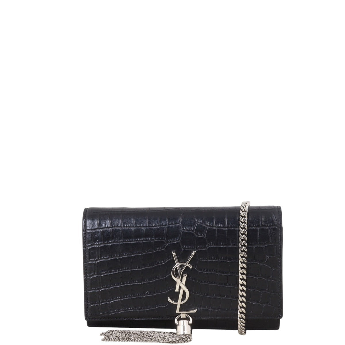 Saint Laurent Kate Tassel Chain Wallet Croc-Embossed