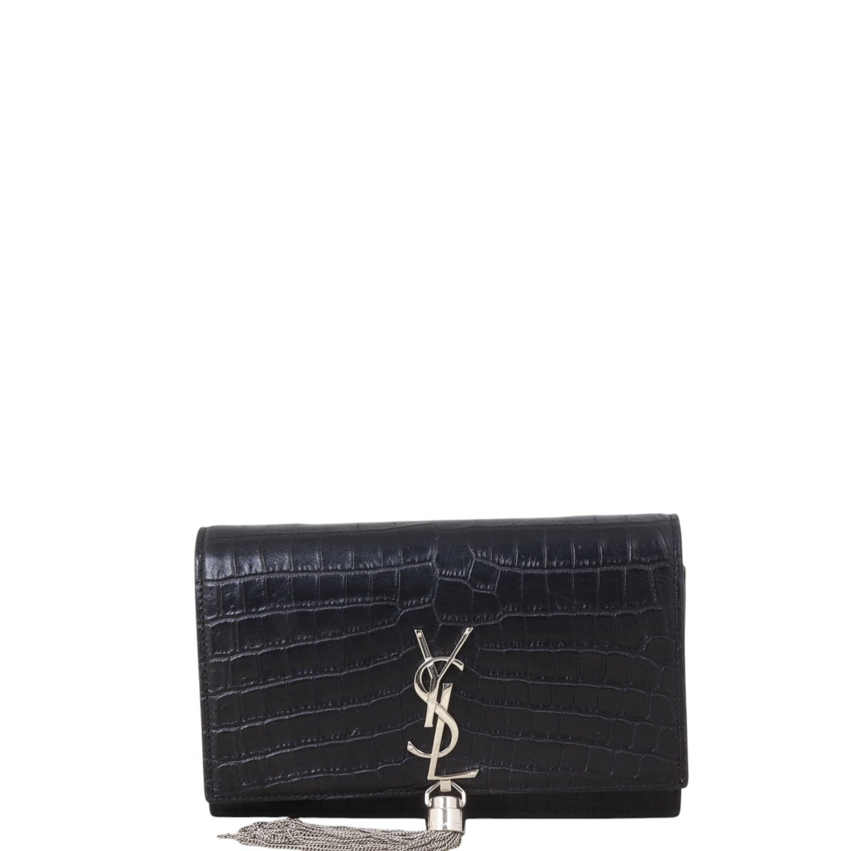 Saint Laurent Kate Tassel Chain Wallet Croc-Embossed