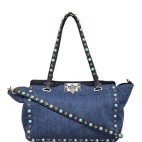 Valentino Rolling Rockstud Tote Small Denim