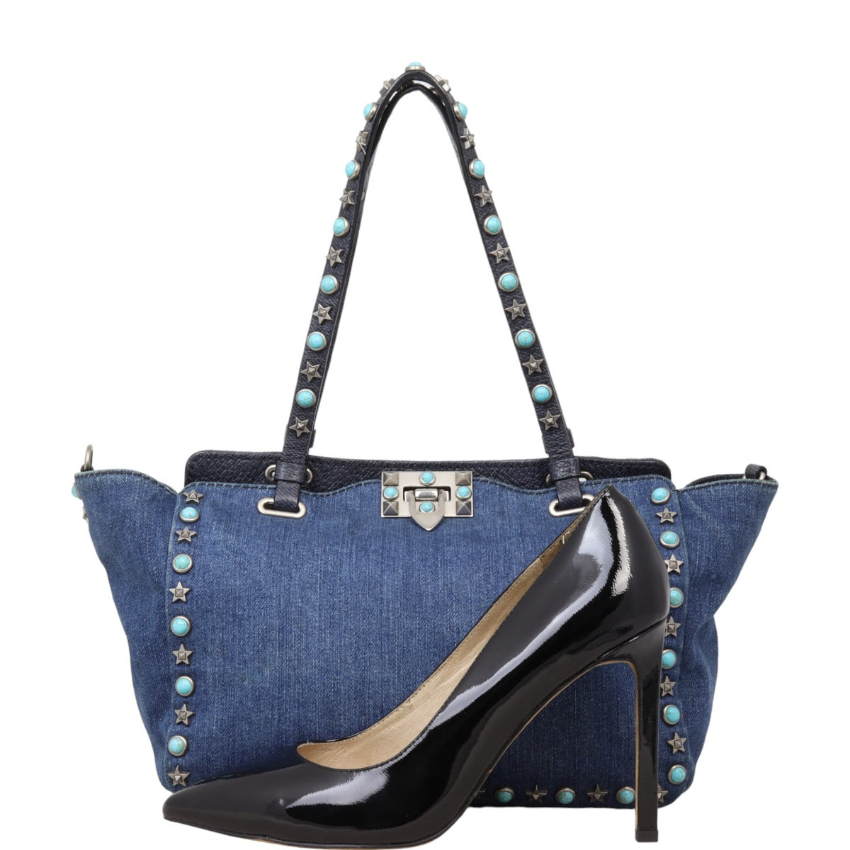 Valentino Rolling Rockstud Tote Small Denim