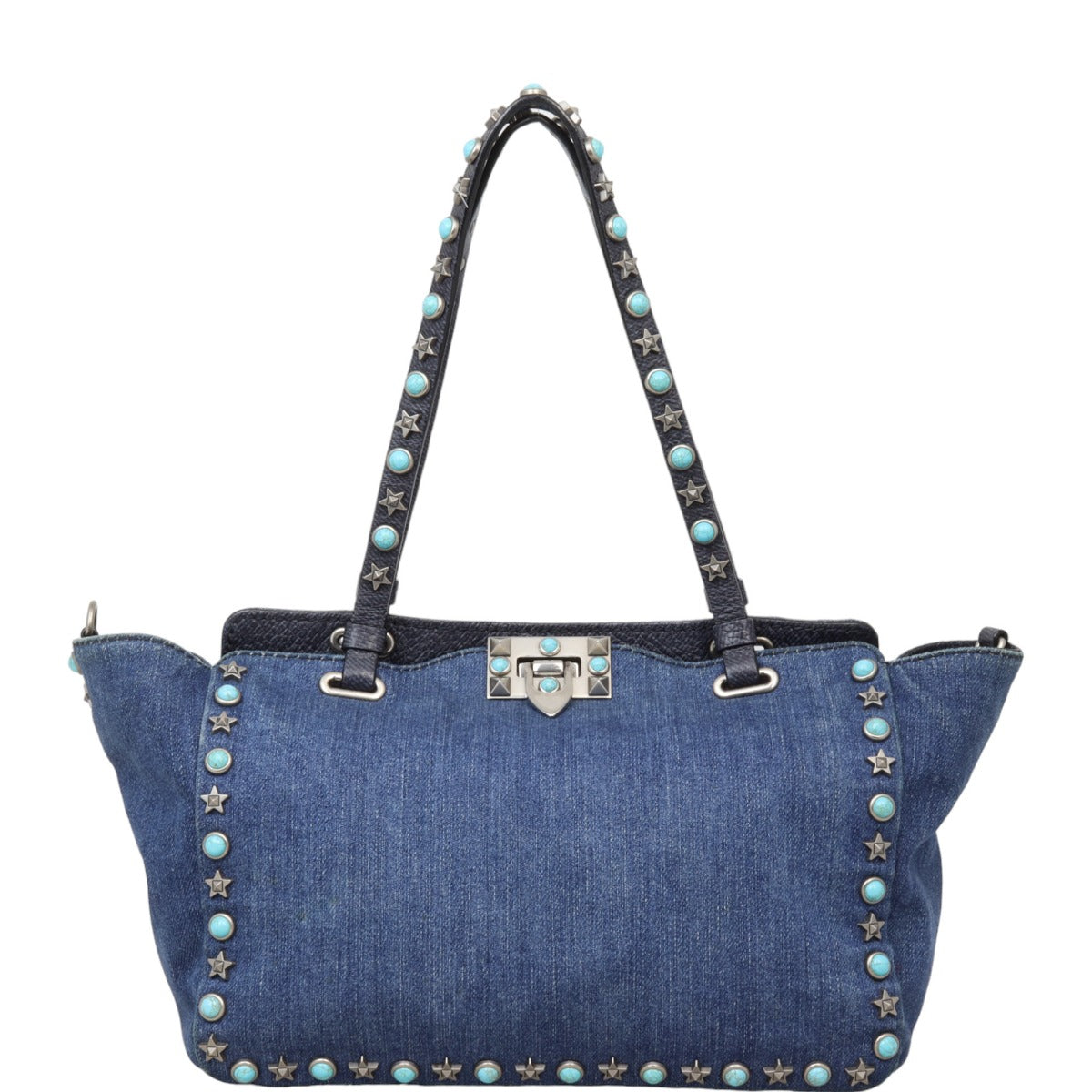 Valentino Rolling Rockstud Tote Small Denim