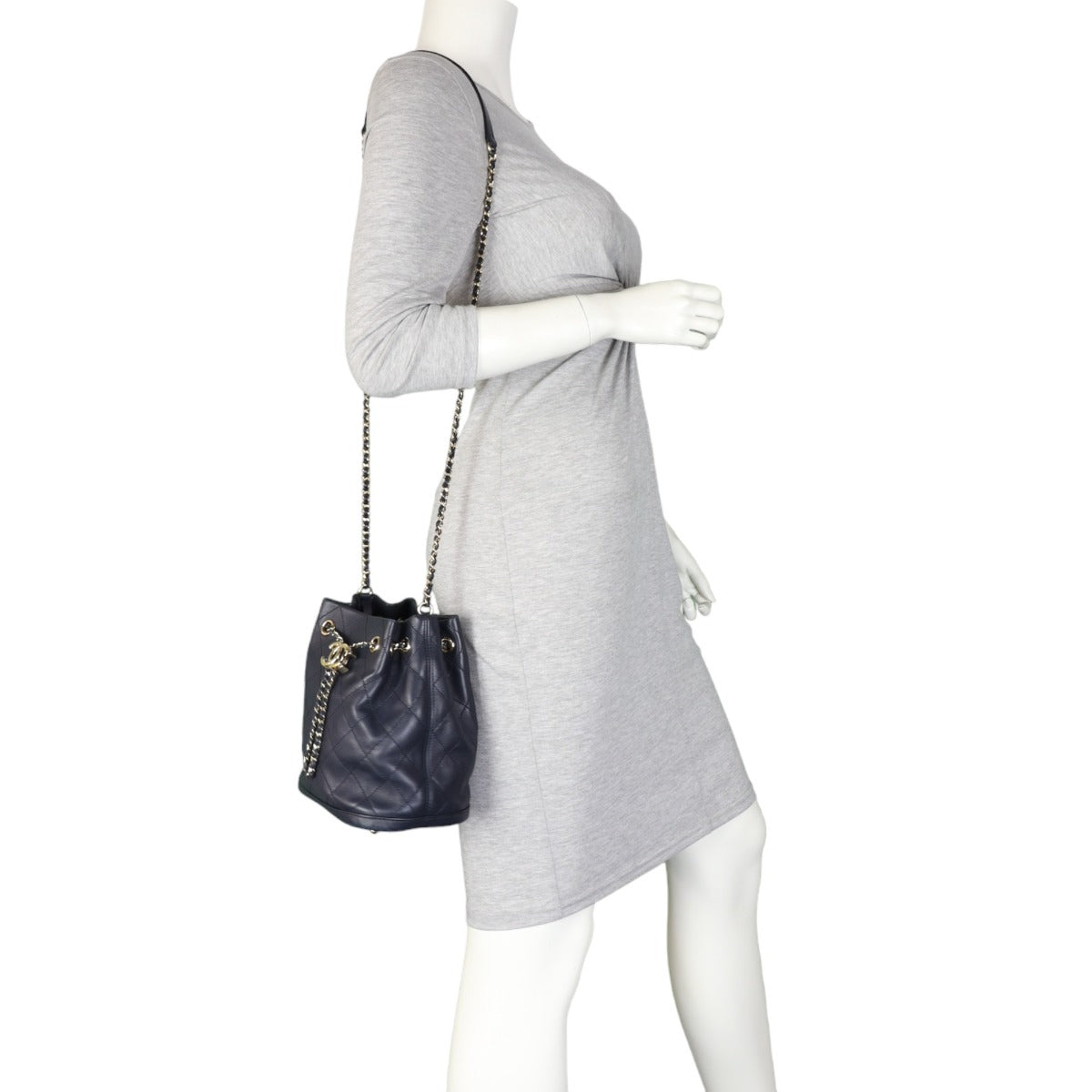 Chanel Quilted CC Drawstring Bucket Bag | Dark Navy