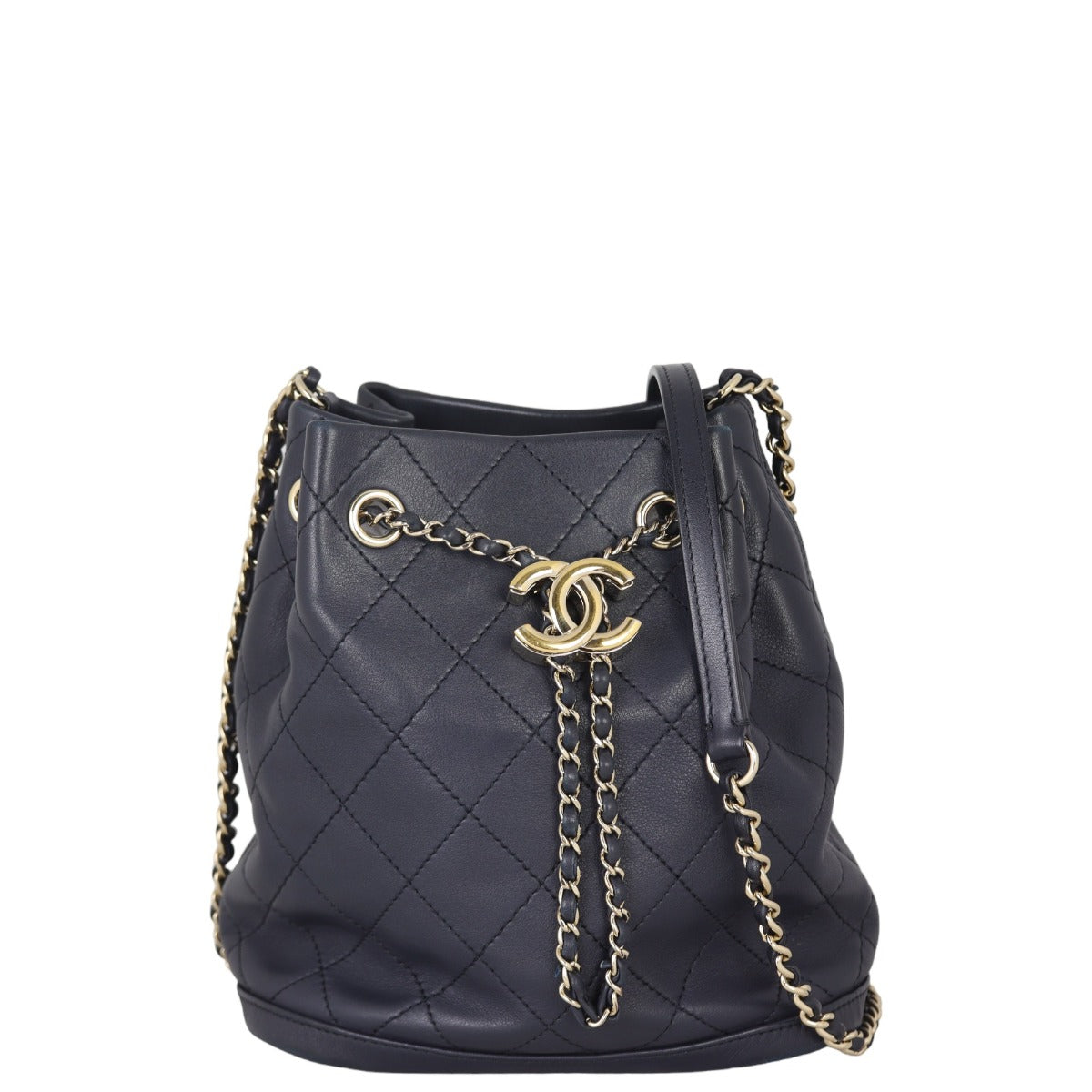 Chanel Quilted CC Drawstring Bucket Bag | Dark Navy