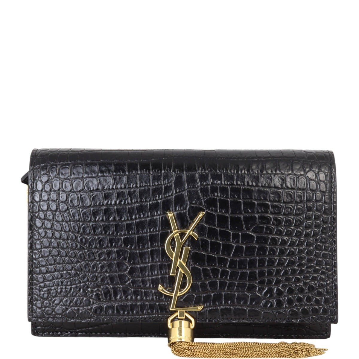 Saint Laurent Kate Tassel Chain Wallet Croc-Embossed