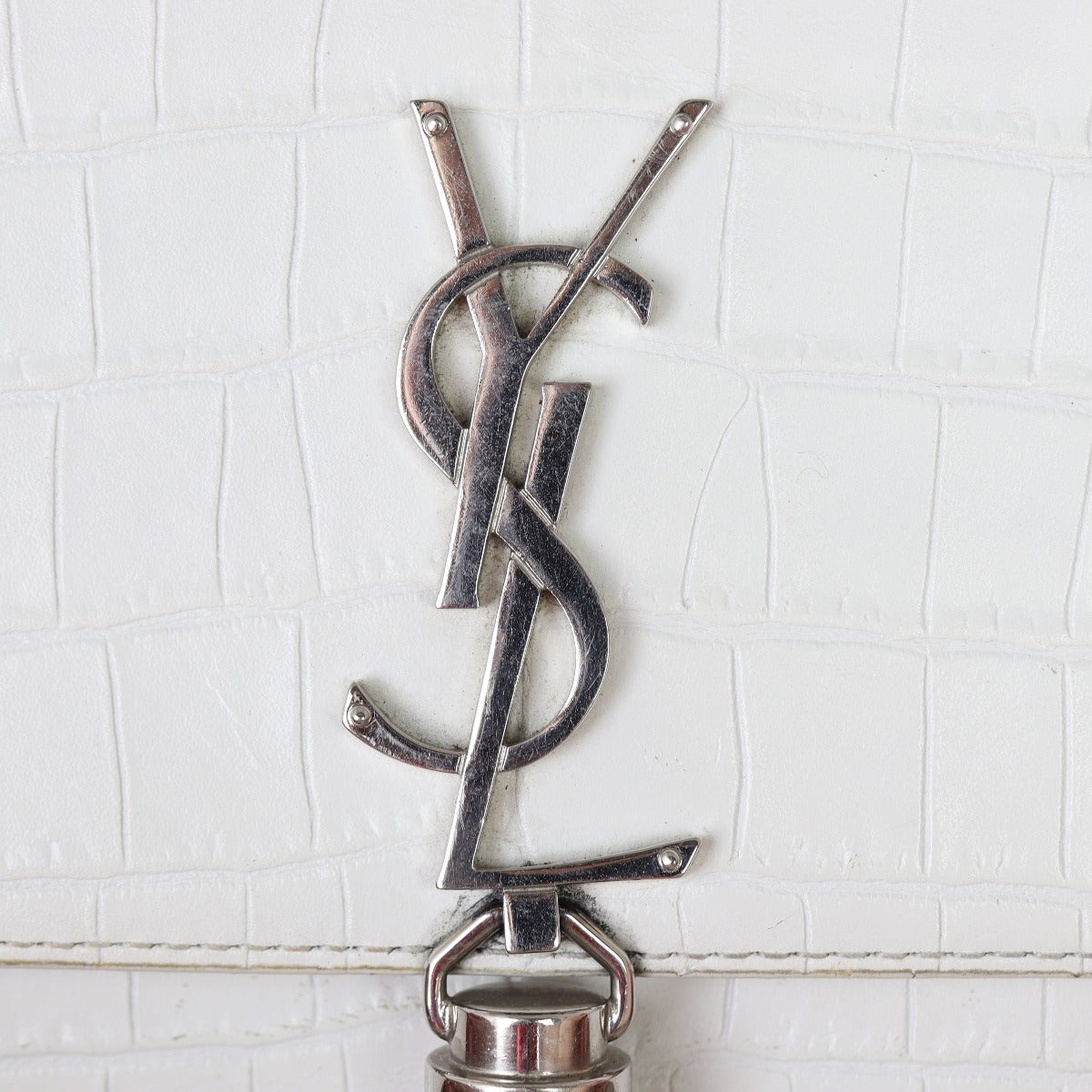 Saint Laurent Kate Tassel Chain Wallet Croc-Embossed Hardware