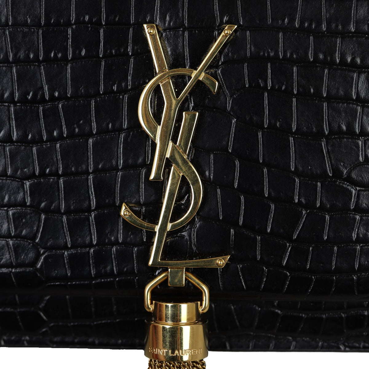Saint Laurent Kate Tassel Chain Wallet Croc-Embossed Hardware
