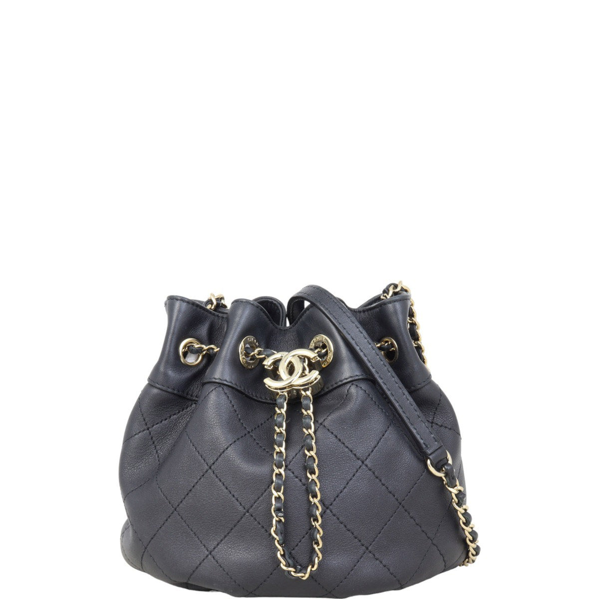 Chanel Quilted CC Drawstring Bucket Bag | Black Lambskin