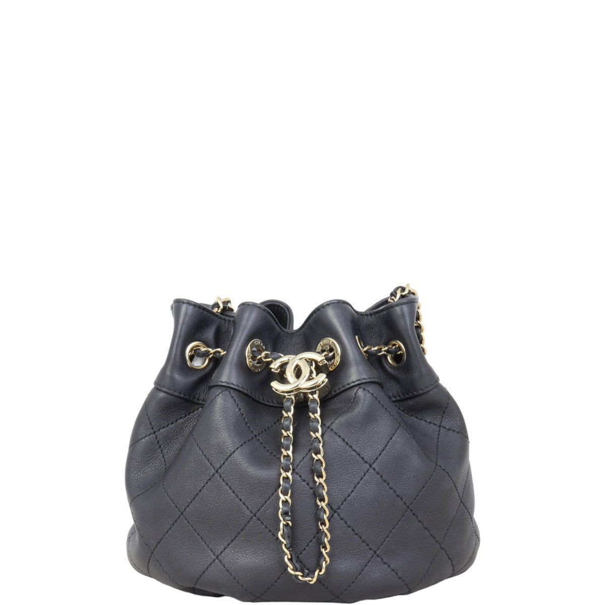 Chanel Quilted CC Drawstring Bucket Bag | Black Lambskin