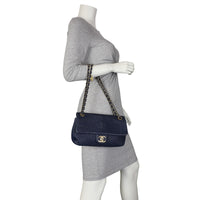 Chanel Surpique Chevron Single Flap Bag | Navy Blue