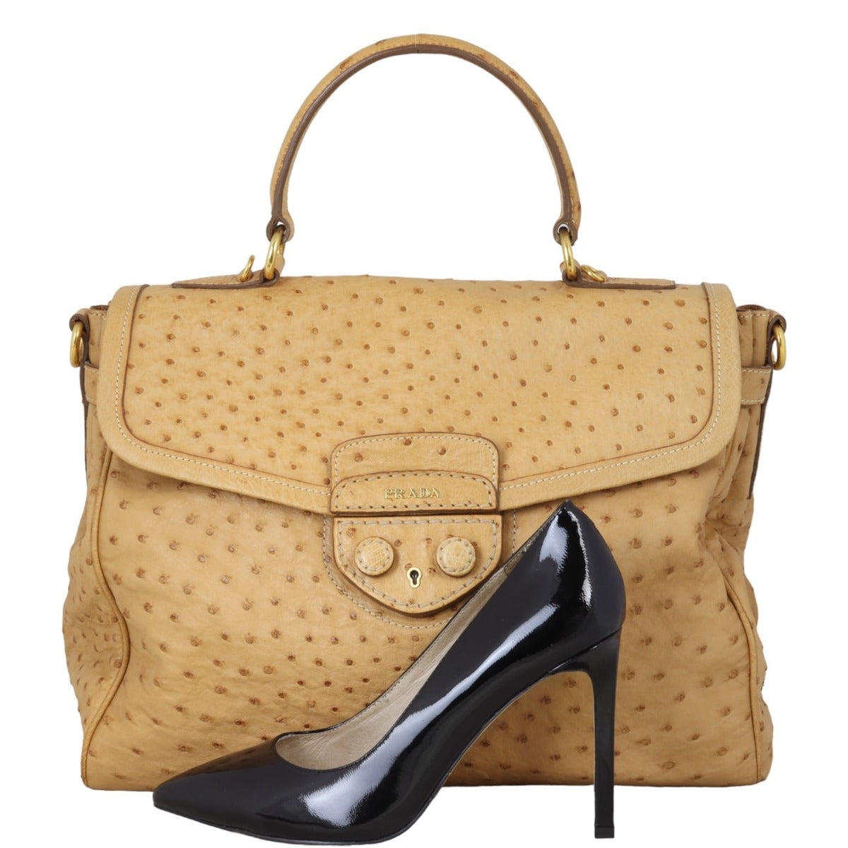Prada Ostrich Pushlock Flap Top Handle Bag
