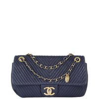 Chanel Surpique Chevron Single Flap Bag | Navy Blue