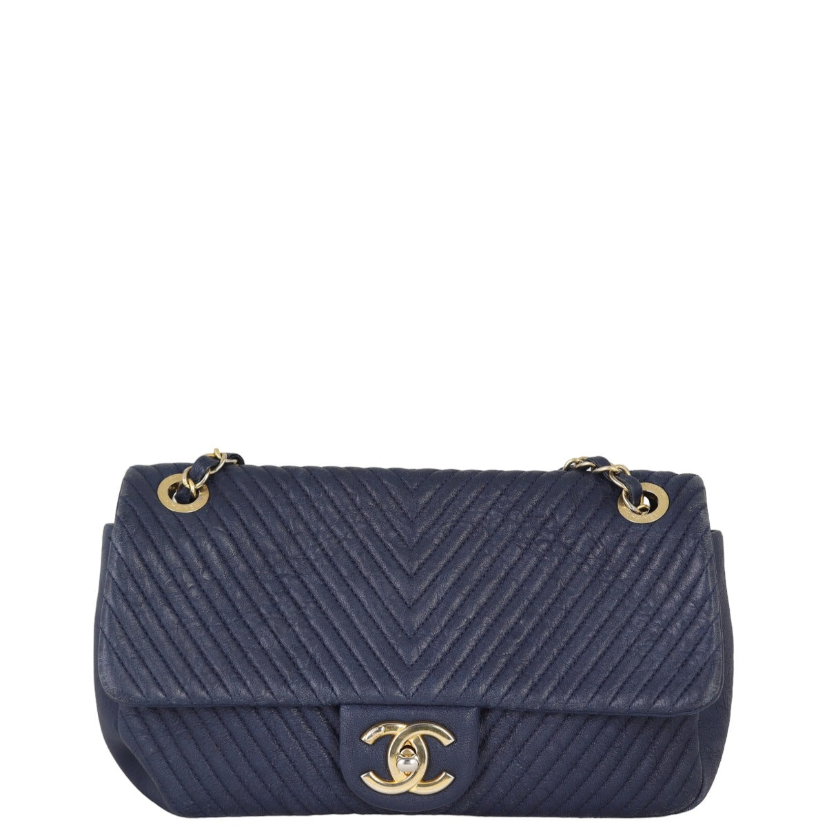 Chanel Surpique Chevron Single Flap Bag | Navy Blue