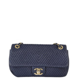 Chanel Surpique Chevron Single Flap Bag | Navy Blue