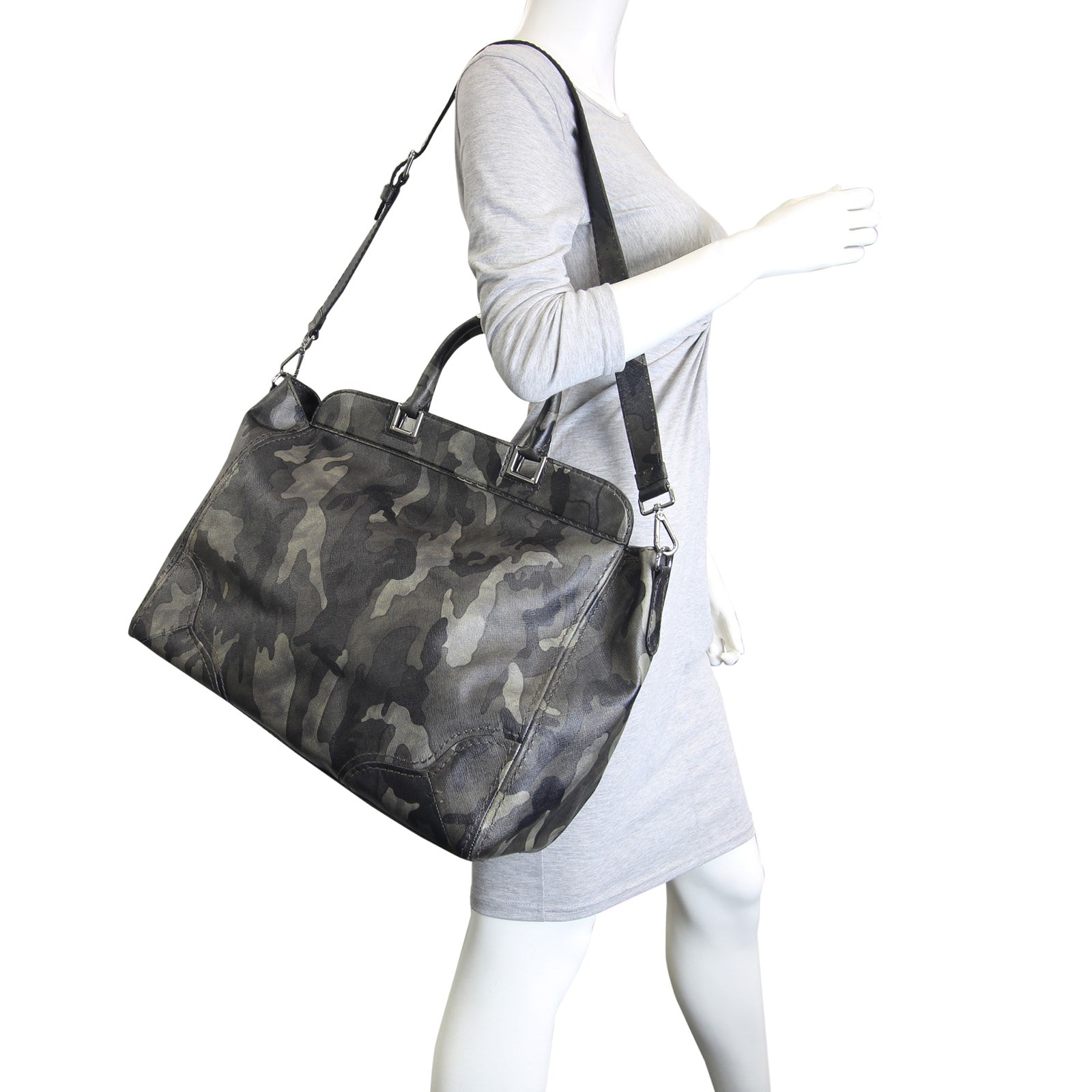 Prada Fumo Saffiano Leather Camouflage Tote Bag Mannequion