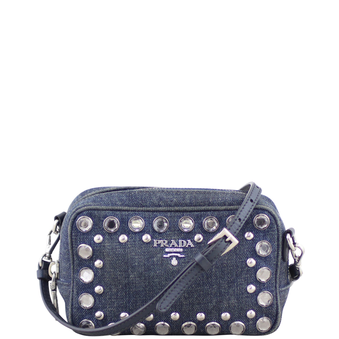 Prada Denim Borchie Embellished Mini Camera Bag Front