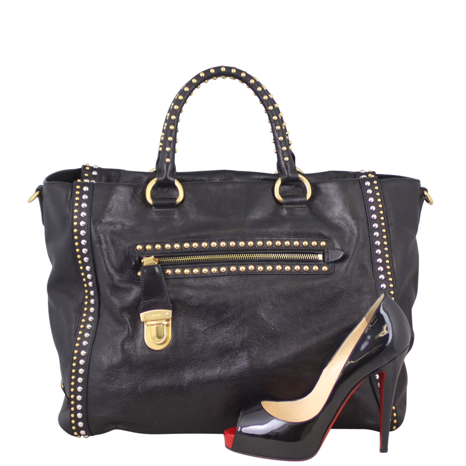 Prada Glace Calf Studded Tote Scale