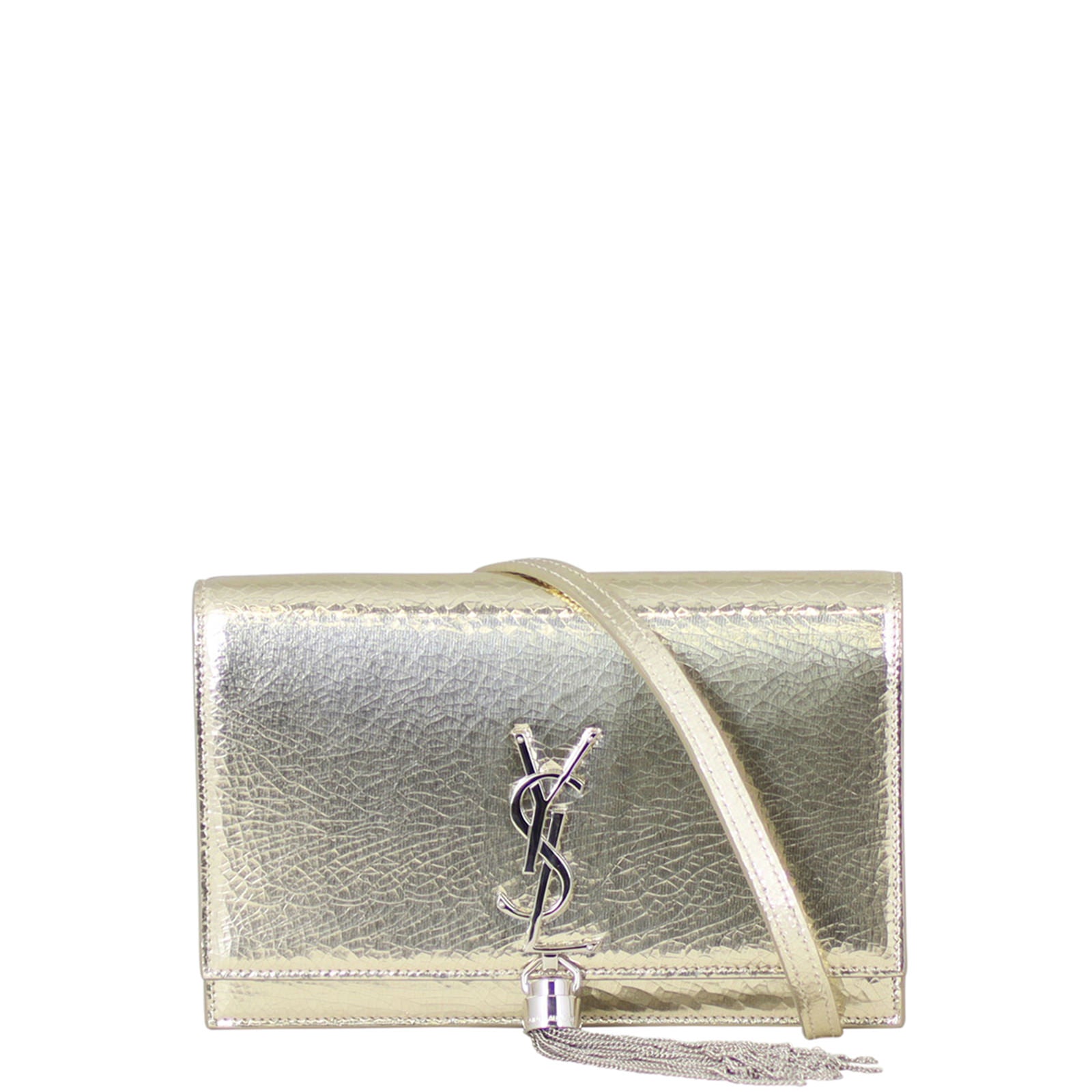 Saint Laurent Kate Metallic Crinkled Leather Chain Wallet Front
