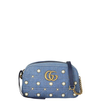 Gucci GG Marmont Small Camera Bag Denim Pearl Studded