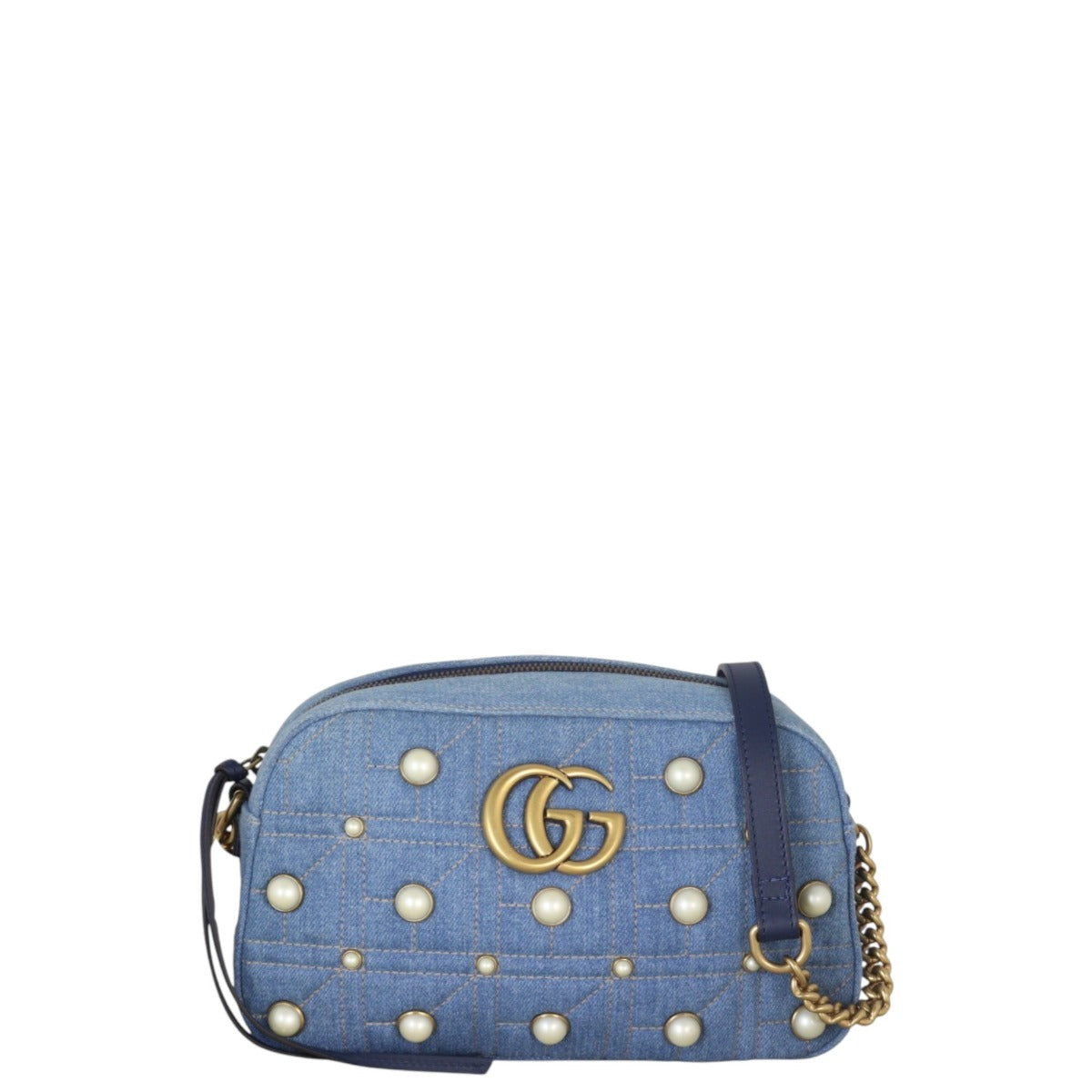 Gucci GG Marmont Small Camera Bag Denim Pearl Studded